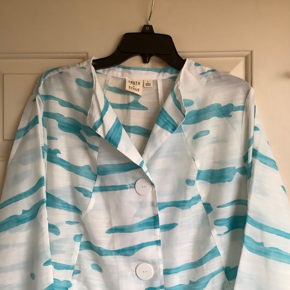 Truth + Style Woven Jacquard A-Line Jacket Topper White Aqua SZ L - Picture 2 of 16